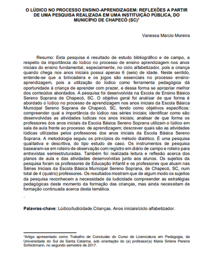 O lúdico no processo ensino-aprendizagem: reflexões a partir de uma pesquisa realizada em uma instituição pública, do município de Chapecó (SC)