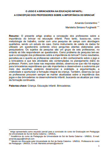 O jogo e a brincadeira na educação infantil: a concepção dos professores sobre a importância do brincar