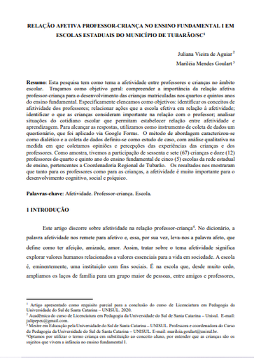 Relação afetiva professor-criança no ensino fundamental I em escolas estaduais do município de Tubarão/SC