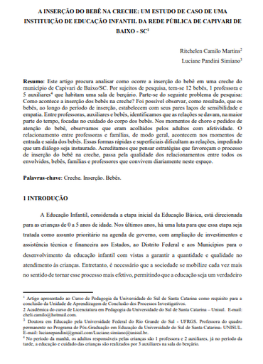 A inserção do bebê na creche: um estudo de caso de uma instituição de educação infantil da rede pública de Capivari de Baixo - SC