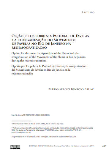 OPÇÃO PELOS POBRES: A PASTORAL DE FAVELAS E A REORGANIZAÇÃO DO MOVIMENTO DE FAVELAS NO RIO DE JANEIRO NA REDEMOCRATIZAÇÃO