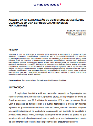 Análise da implementação de um sistema de gestão da qualidade em uma empresa catarinense de fertilizante