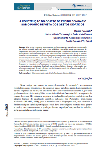 A CONSTRUÇÃO DO OBJETO DE ENSINO SEMINÁRIO SOB O PONTO DE VISTA DOS GESTOS DIDÁTICOS