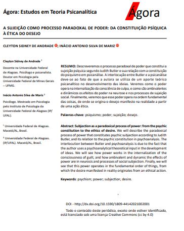 A SUJEIÇÃO COMO PROCESSO PARADOXAL DE PODER: DA CONSTITUIÇÃO PSÍQUICA À ÉTICA DO DESEJO