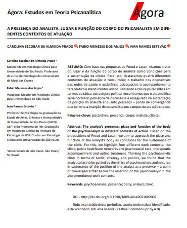 A PRESENÇA DO ANALISTA: LUGAR E FUNÇÃO DO CORPO DO PSICANALISTA EM DIFERENTES CONTEXTOS DE ATUAÇÃO