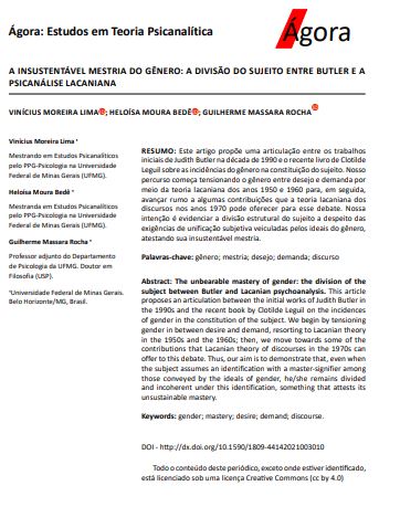 A INSUSTENTÁVEL MESTRIA DO GÊNERO: A DIVISÃO DO SUJEITO ENTRE BUTLER E A PSICANÁLISE LACANIANA