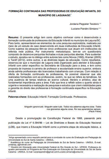 Formação continuada das professoras de educação infantil do município de Laguna/SC