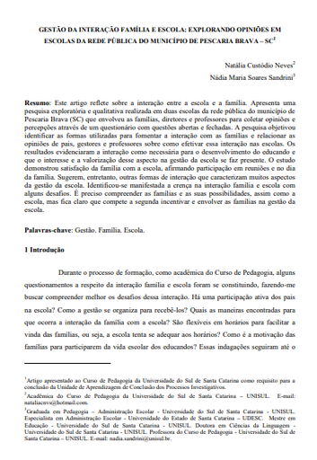 Gestão da interação família e escola: explorando opiniões em escolas da rede pública do município de Pescaria Brava – SC