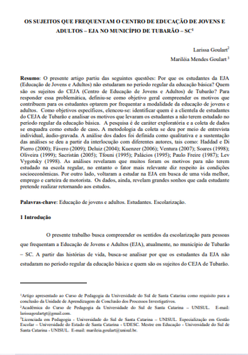 Os sujeitos que frequentam o centro de Educação de Jovens e Adultos (EJA) no município de Tubarão - SC