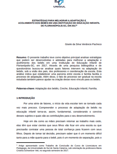 Estratégias para melhorar a adaptação e o acolhimento dos bebês em uma Instituição de Educação Infantil de Florianópolis -SC