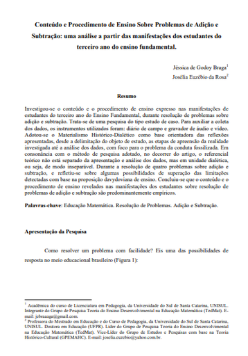 Conteúdo e procedimento de ensino sobre problemas de adição e subtração: uma análise a partir das manifestações dos estudantes do terceiro ano do ensino fundamental