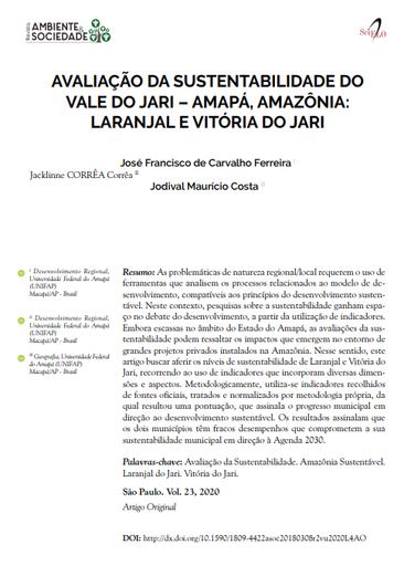 AVALIAÇÃO DA SUSTENTABILIDADE DO VALE DO JARI – AMAPÁ, AMAZÔNIA: LARANJAL E VITÓRIA DO JARI