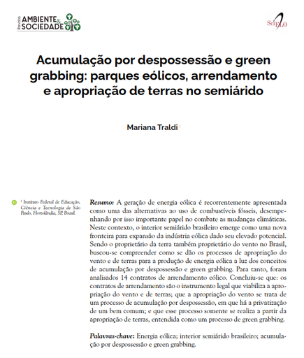 Acumulação por despossessão e green grabbing: parques eólicos, arrendamento e apropriação de terras no semiárido