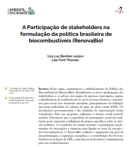 A Participação de stakeholders na formulação da política brasileira de biocombustíveis (RenovaBio)