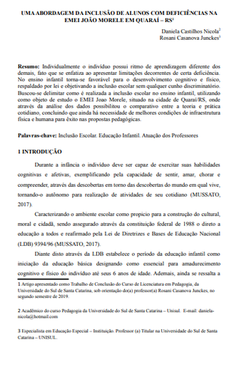 Uma abordagem da inclusão de alunos com deficiências na EMEI João Morele em Quaraí- RS