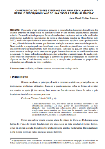 Os reflexos dos testes externos em larga escala (Prova Brasil e PROEB) num 5° ano de uma escola estadual mineira