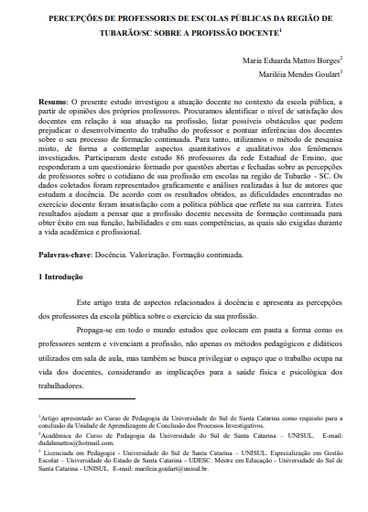 Percepções de professores de escolas públicas da região de Tubarão/SC sobre a profissão docente