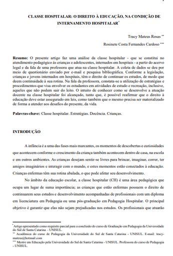 Classe hospitalar: o direito à educação, na condição de internamento hospitalar