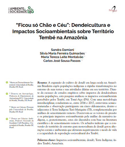 “Ficou só Chão e Céu”: Dendeicultura e Impactos Socioambientais sobre Território Tembé na Amazônia