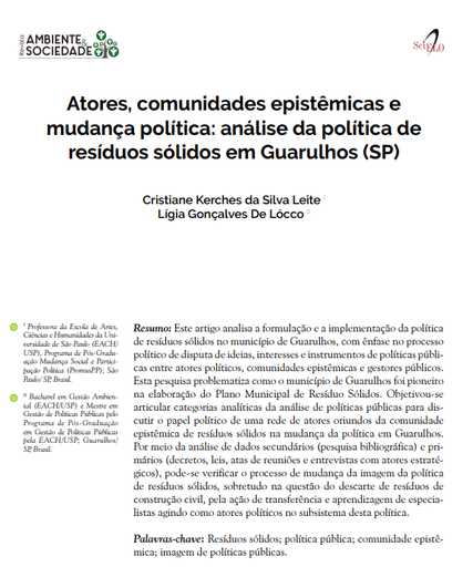 Atores, comunidades epistêmicas e mudança política: análise da política de resíduos sólidos em Guarulhos (SP)