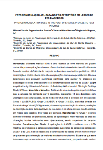 Fotobiomodulação aplicada no pós operatório em lesões de pés diabéticos