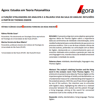A FUNÇÃO VITALIZADORA DO ANALISTA E A PALAVRA VIVA NA SALA DE ANÁLISE: REFLEXÕES A PARTIR DE THOMAS OGDEN