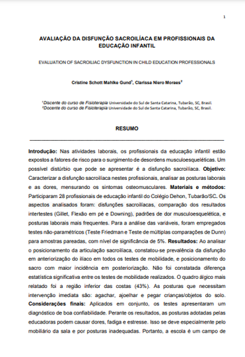 Avaliação da disfunção sacroilíaca em profissionais da educação infantil