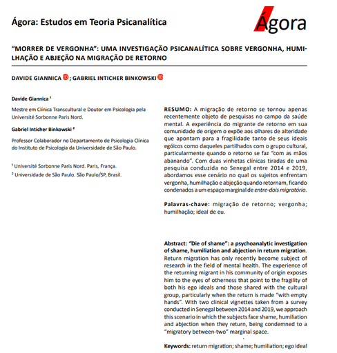 “MORRER DE VERGONHA”: UMA INVESTIGAÇÃO PSICANALÍTICA SOBRE VERGONHA, HUMILHAÇÃO E ABJEÇÃO NA MIGRAÇÃO DE RETORNO