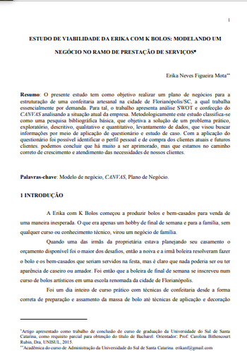 Estudo de viabilidade da Erika com K bolos: modelando um negócio no ramo de prestação de serviços