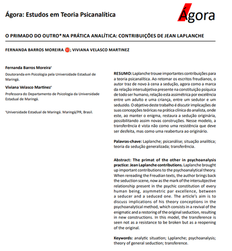 O PRIMADO DO OUTRO*NA PRÁTICA ANALÍTICA: CONTRIBUIÇÕES DE JEAN LAPLANCHE