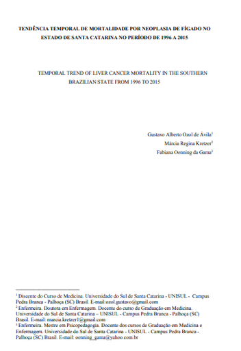 Tendência temporal de mortalidade por neoplasia de fígado no estado de Santa Catarina no período de 1996 a 2015