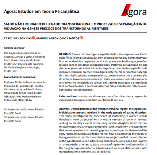 SALDO NÃO LIQUIDADO DO LEGADO TRANSGERACIONAL: O PROCESSO DE SEPARAÇÃO-INDIVIDUAÇÃO NA GÊNESE PRECOCE DOS TRANSTORNOS ALIMENTARES