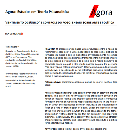 “SENTIMENTO OCEÂNICO” E CONTROLE DO FOGO: ENSAIO SOBRE ARTE E POLÍTICA