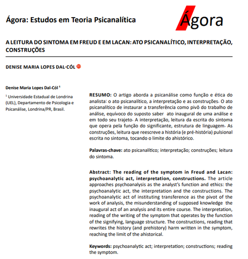 A LEITURA DO SINTOMA EM FREUD E EM LACAN: ATO PSICANALÍTICO, INTERPRETAÇÃO, CONSTRUÇÕES