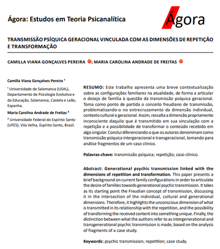 TRANSMISSÃO PSÍQUICA GERACIONAL VINCULADA COM AS DIMENSÕES DE REPETIÇÃO E TRANSFORMAÇÃO