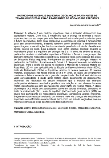 Motricidade global e equilíbrio de crianças praticantes de triathlon e futsal e não praticantes de modalidade esportiva