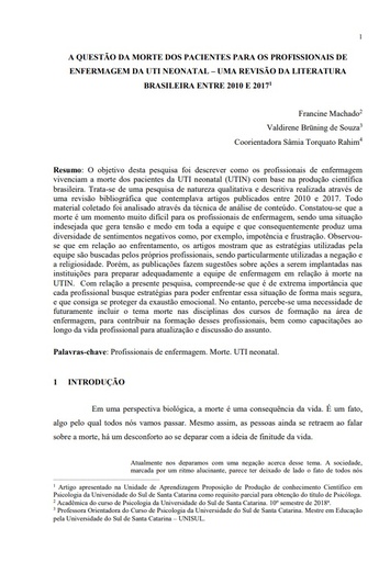 A questão da morte dos pacientes para os profissionais de enfermagem da UTI neonatal: uma revisão da literatura brasileira entre 2010 e 2017