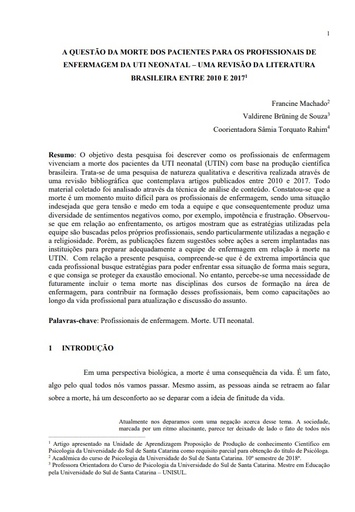 A questão da morte dos pacientes para os profissionais de enfermagem da UTI neonatal: uma revisão da literatura brasileira entre 2010 e 2017