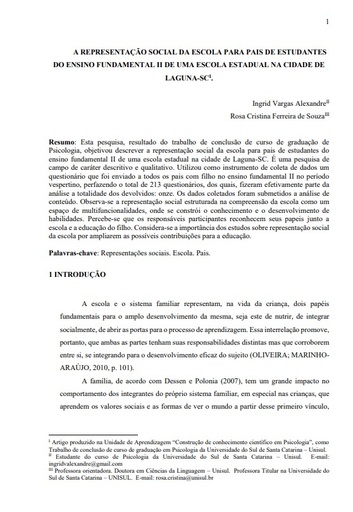 A representação social da escola para pais de estudantes do ensino fundamental II de uma escola estadual na cidade de Laguna-SC