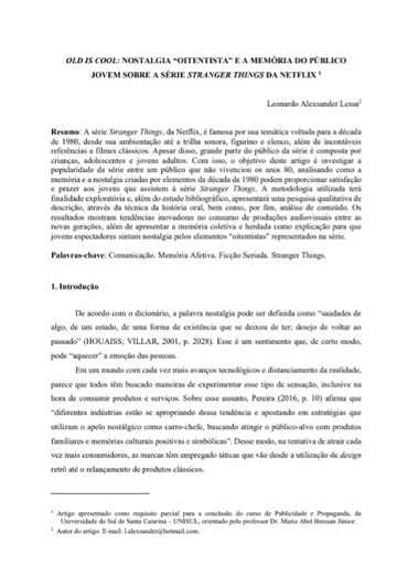 Old is cool: nostalgia &quot;oitentista&quot; e a memória do público jovem sobre a série Stranger Things da Netflix