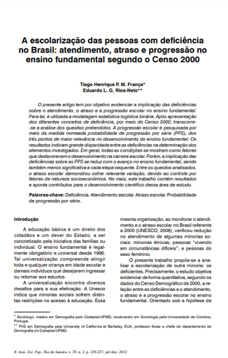 A escolarização das pessoas com deficiência no Brasil: atendimento, atraso e progressão no ensino fundamental segundo o Censo 2000