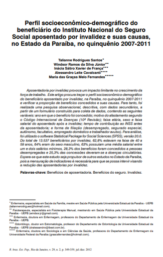 Perfil socioeconômico-demográfico do beneficiário do Instituto Nacional do Seguro Social aposentado por invalidez e suas causas, no Estado da Paraíba, no quinquênio 2007-2011