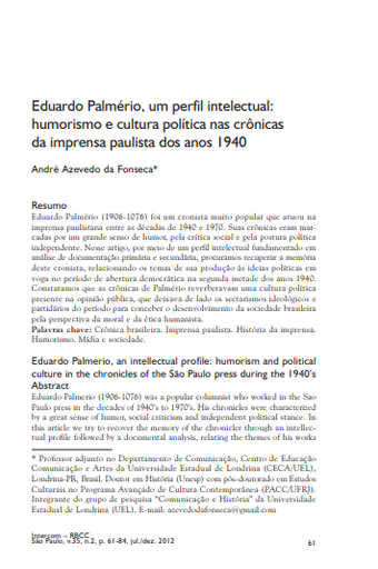 Eduardo Palmério, um perfil intelectual: humorismo e cultura política nas crônicas da imprensa paulista dos anos 1940