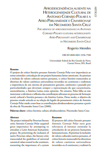 AFRODESCENDÊNCIA AUSENTE NA HETEROGENEIDADE CULTURAL DE ANTONIO CORNEJO POLAR E A AFRO-PERUANIDADE E CIMARRONAJE EM NICOMEDES SANTA CRUZ