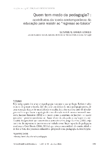 Quem tem medo da pedagogia?: contributos da teoria contemporânea da educação para resistir ao &quot;regresso ao básico&quot;