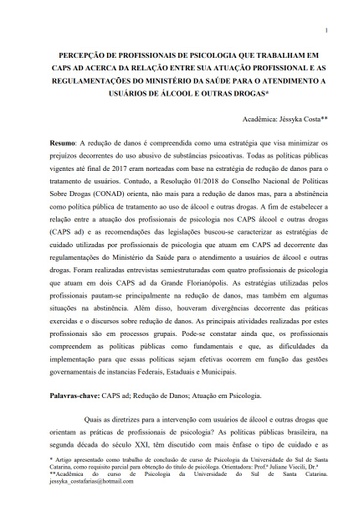 Percepção de profissionais de psicologia que trabalham em CAPS ad acerca da relação entre sua atuação profissional e as regulamentações do Ministério da Saúde para atendimento a usuários de álcool e outras drogas