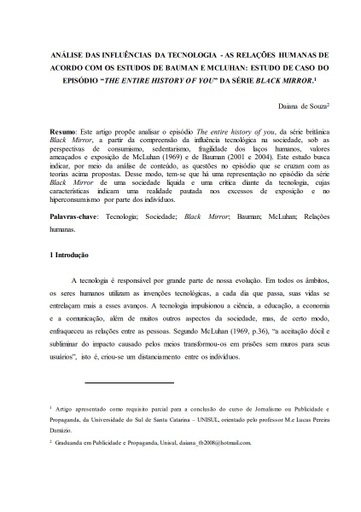 Análise das influências da tecnologia - as relações humanas de acordo com os estudos de Bauman e Mcluhan: estudo de caso do episódio “The entire history of you” da série Black Mirror