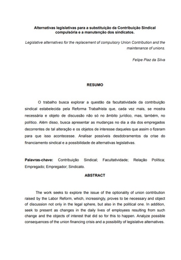 Alternativas legislativas para a substituição da Contribuição Sindical compulsória e a manutenção dos sindicatos