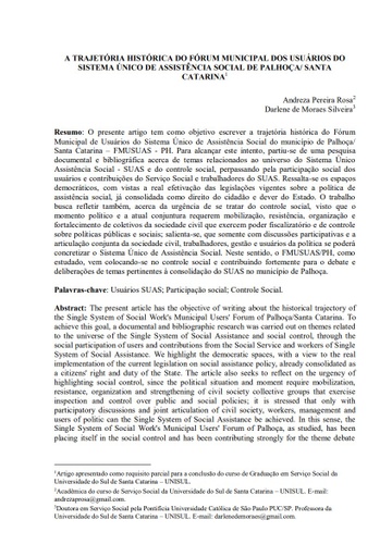 A trajetória histórica do Fórum Municipal de usuários do Sistema Único de Assistência Social de Palhoça/ Santa Catarina