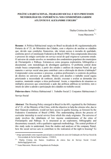 Política habitacional, trabalho social e seus processos metodológicos: experiência nos condomínios Jardim Atlântico e Alexandre Coelho